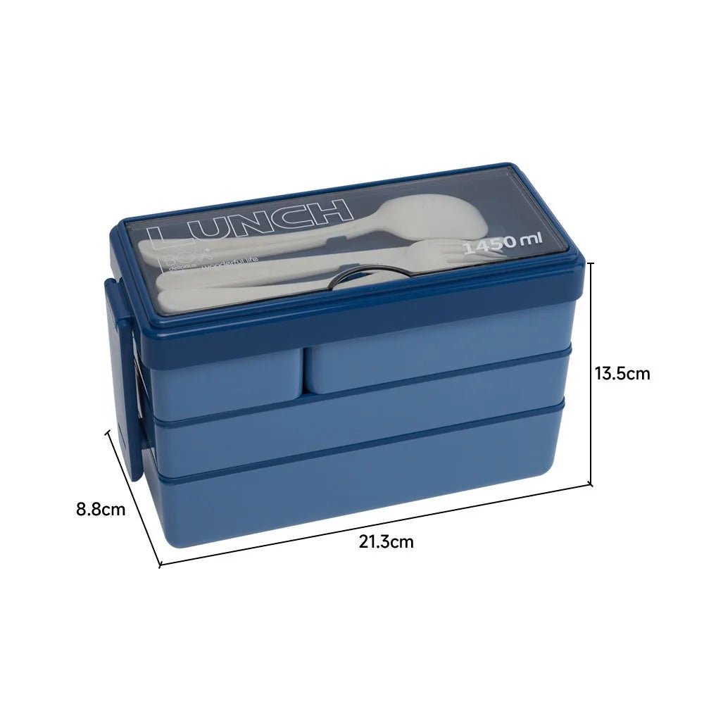 Bento-Style Plastic Lunch Box with Cutlery 3-Layer