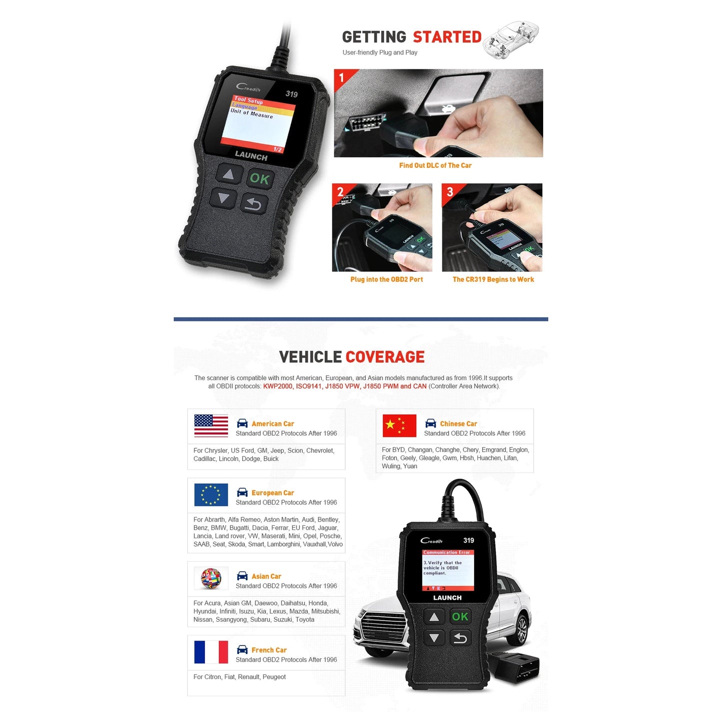 Launch X431 Creader 319 CR319 Auto Code Reader OBD2 Scanner Full OBDII EOBD Automotive Tools Obd2 Diagnostic Tool Professional