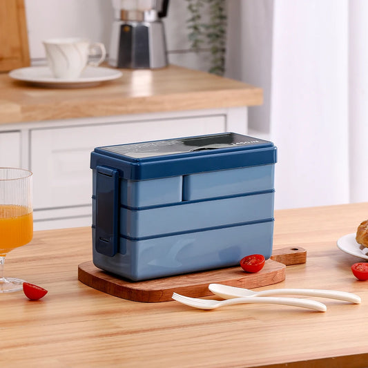 Bento-Style Plastic Lunch Box with Cutlery 3-Layer