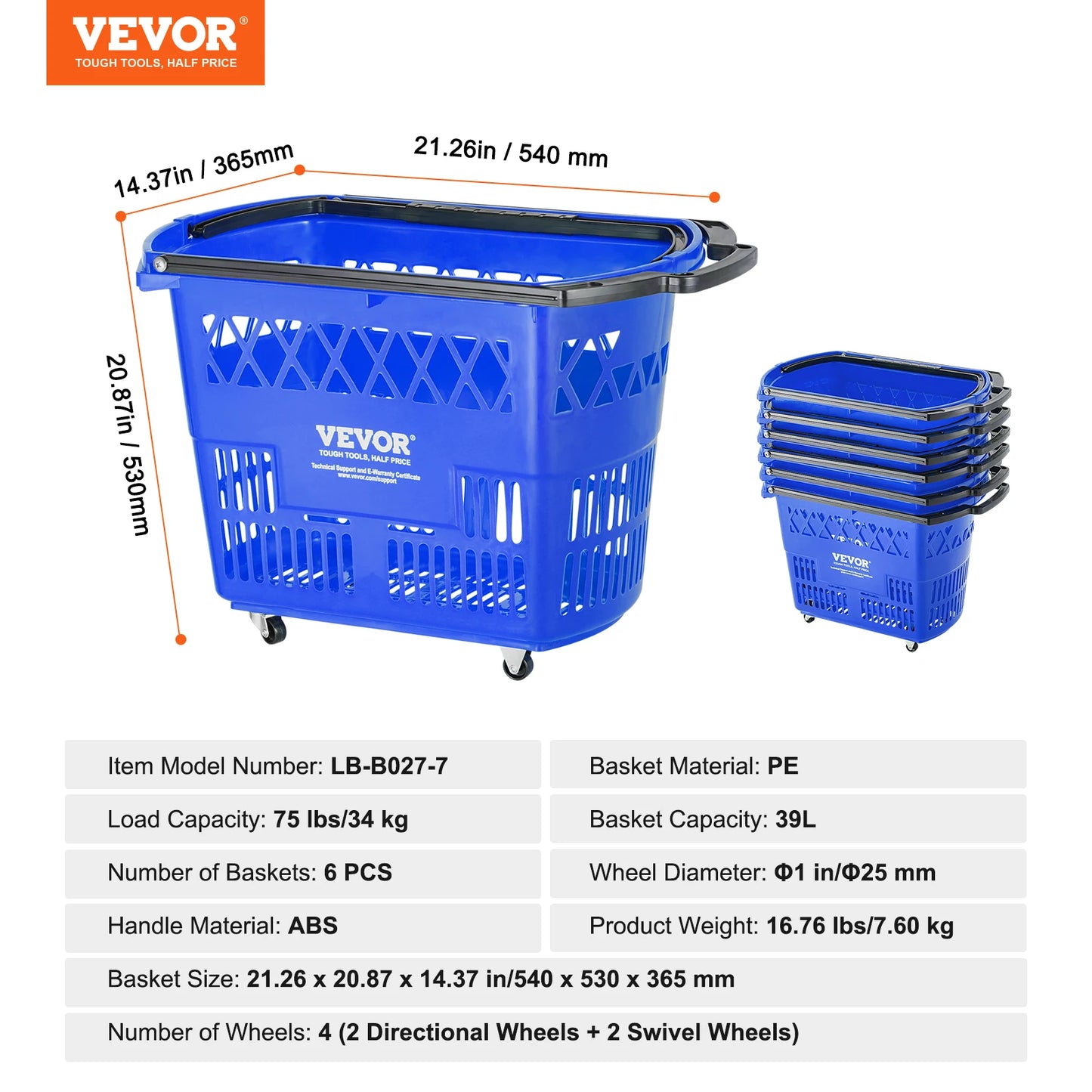SucceBuy 6PCS Shopping Baskets 39L Rolling Shopping Carts with Handles & Wheels Portable  for Supermarkets Retail Stores Grocery