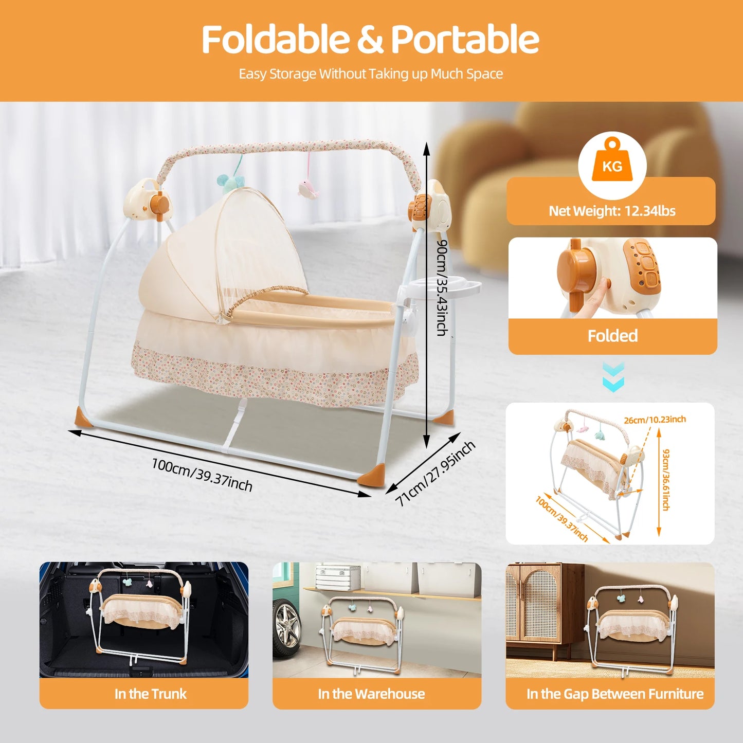 Electric Baby Crib Cradle, 0-18 MonthsInfant Bed Auto Swing with Remote Control&Music,25KG/55LBS Capacity,Foldable Baby Bassinet