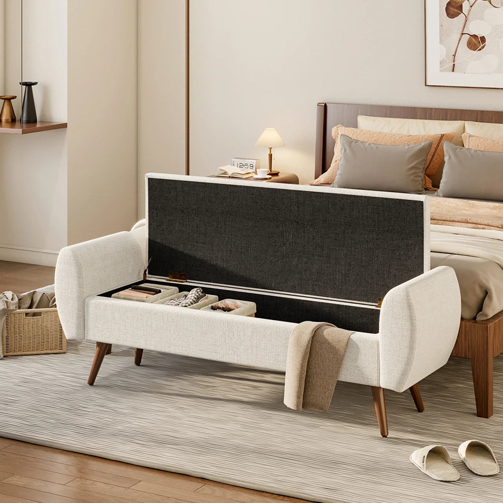 Linen Upholstered Modern Living Room Comfortable Multifunctional Storage Bench, Beige &Grey