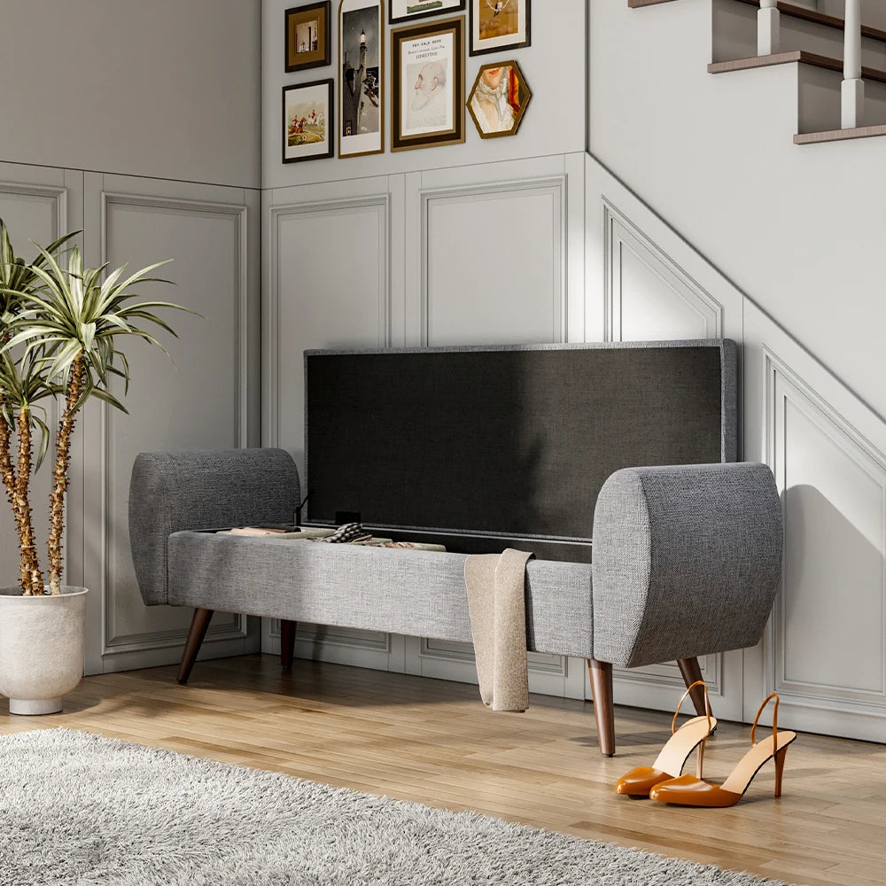 Linen Upholstered Modern Living Room Comfortable Multifunctional Storage Bench, Beige &Grey