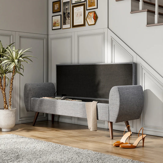 Linen Upholstered Modern Living Room Comfortable Multifunctional Storage Bench, Beige &Grey