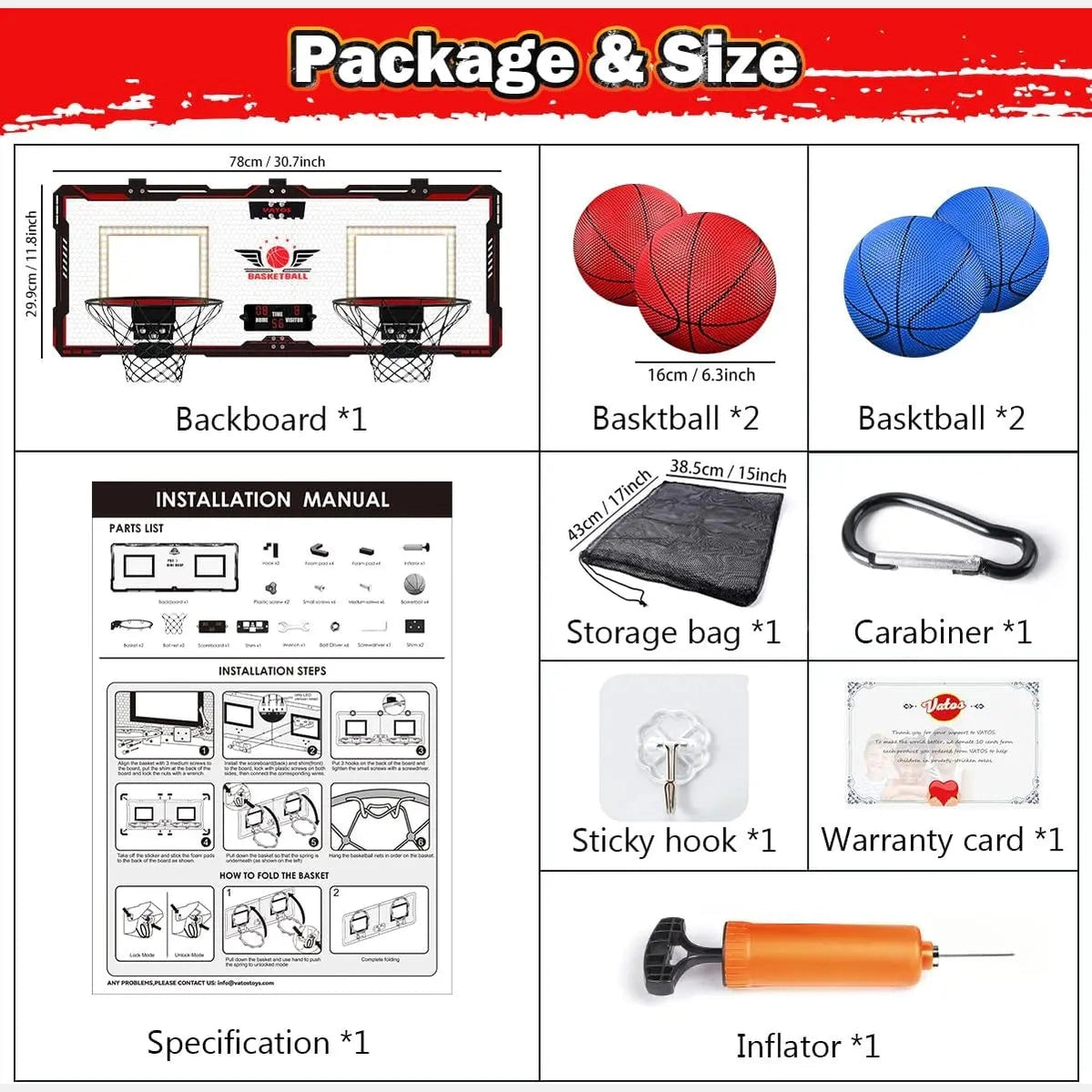 VATOS Basketball Hoop x2 Indoor Outdoor Electric Mini Basketball Scoreboard 4x Balls Toy Gift for Kids Boys Girls Sports Game