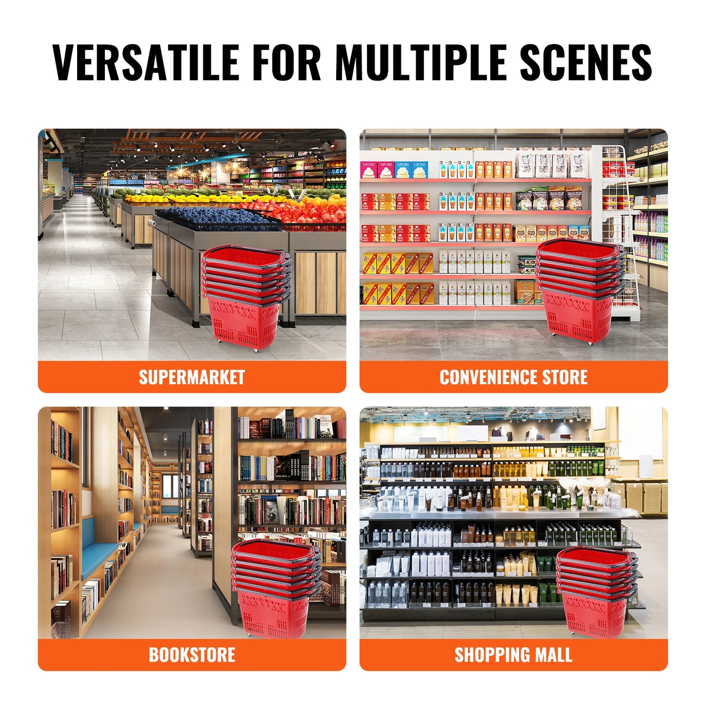 SucceBuy 6PCS Shopping Baskets 39L Rolling Shopping Carts with Handles & Wheels Portable  for Supermarkets Retail Stores Grocery