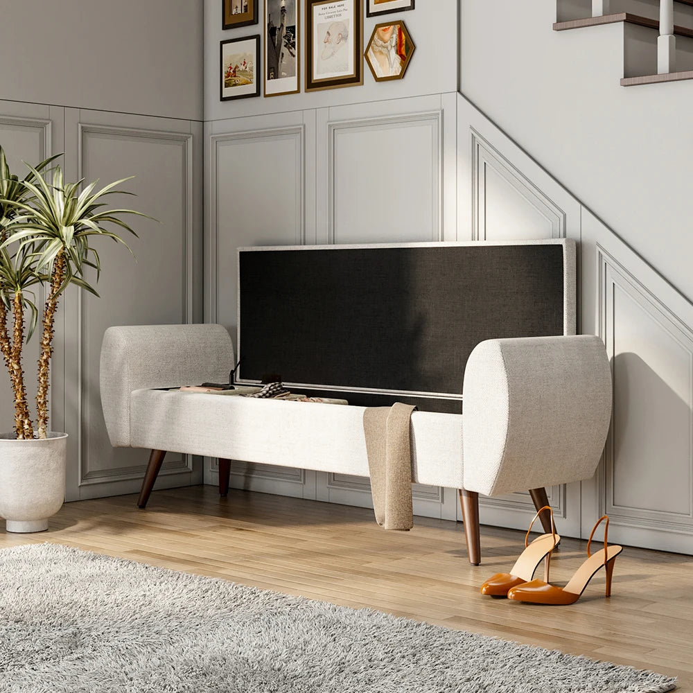 Linen Upholstered Modern Living Room Comfortable Multifunctional Storage Bench, Beige &Grey