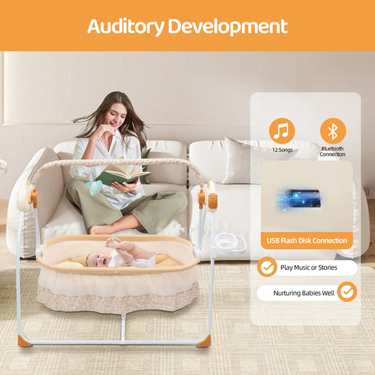 Electric Baby Crib Cradle, 0-18 MonthsInfant Bed Auto Swing with Remote Control&Music,25KG/55LBS Capacity,Foldable Baby Bassinet