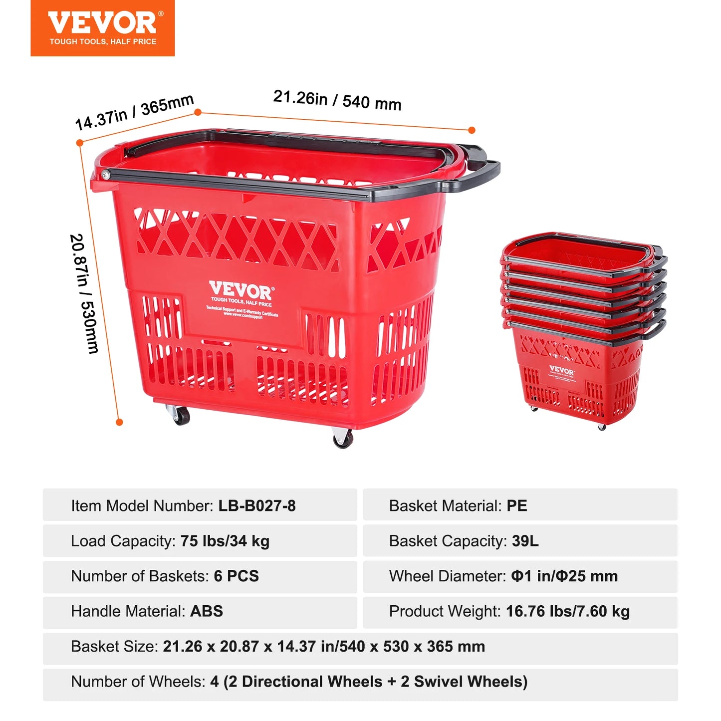 SucceBuy 6PCS Shopping Baskets 39L Rolling Shopping Carts with Handles & Wheels Portable  for Supermarkets Retail Stores Grocery