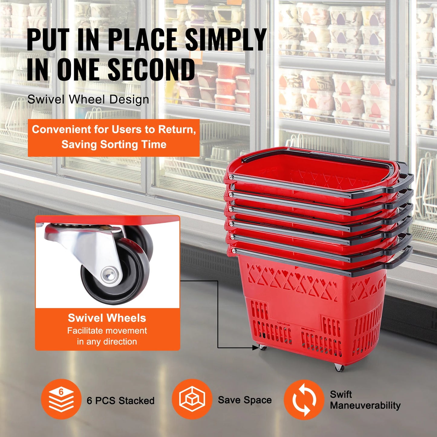 SucceBuy 6PCS Shopping Baskets 39L Rolling Shopping Carts with Handles & Wheels Portable  for Supermarkets Retail Stores Grocery