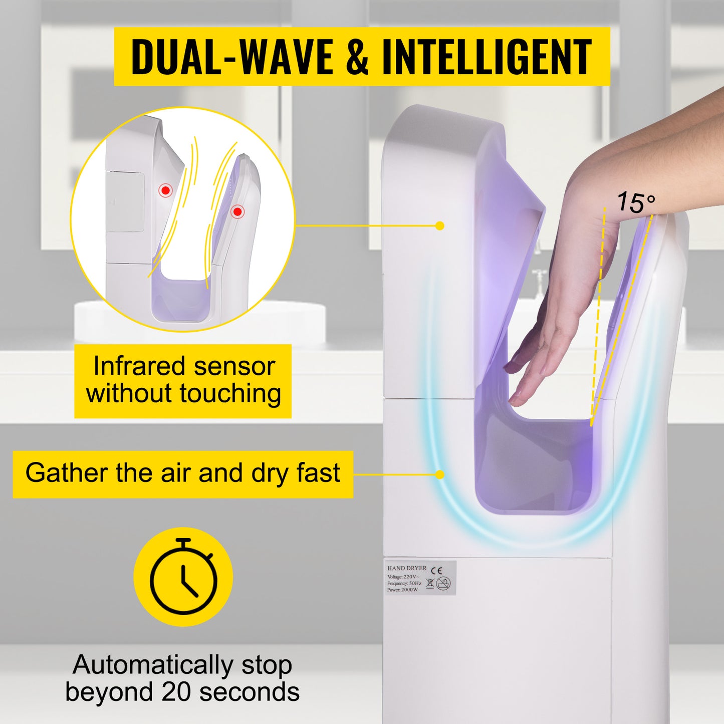 SucceBuy Hand Dryer Machinery Automatic High-speed Jet Double-sided Secure Robust Material Blade for Washroom Multicolor