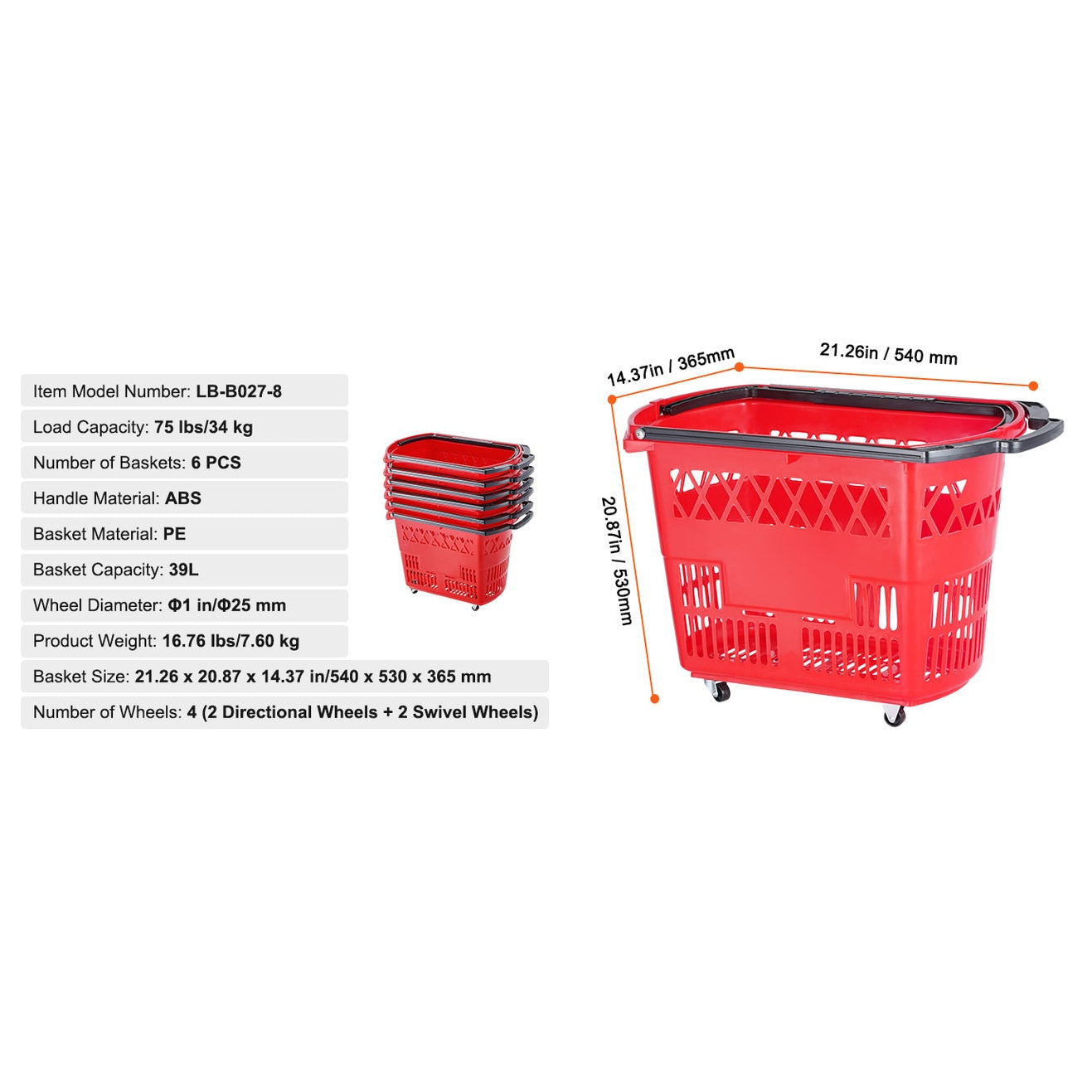 SucceBuy 6PCS Shopping Baskets 39L Rolling Shopping Carts with Handles & Wheels Portable  for Supermarkets Retail Stores Grocery