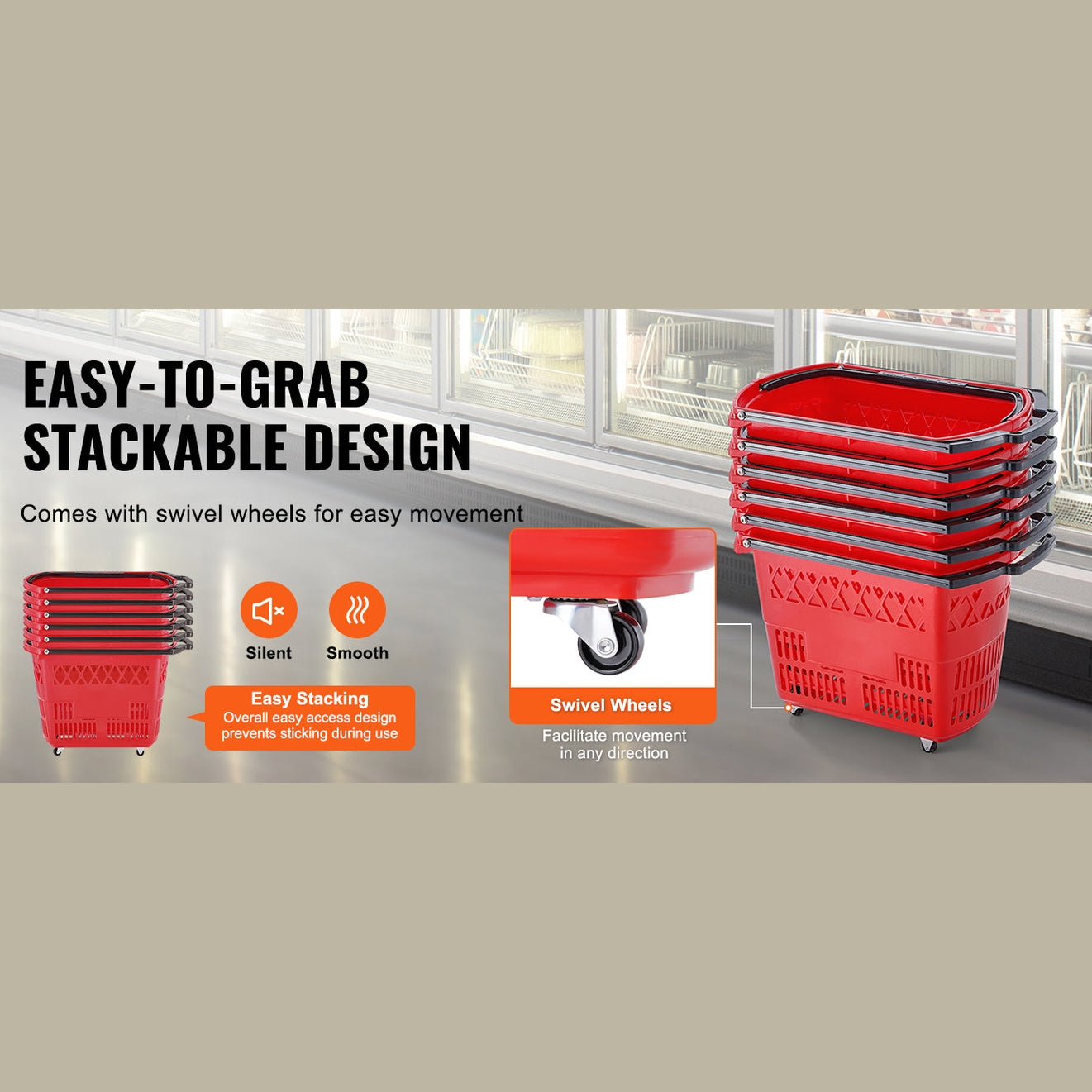 SucceBuy 6PCS Shopping Baskets 39L Rolling Shopping Carts with Handles & Wheels Portable  for Supermarkets Retail Stores Grocery